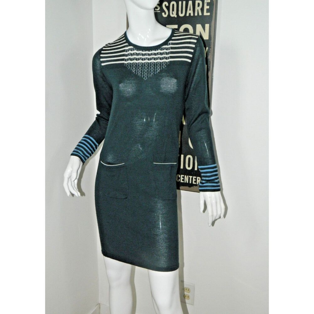 Cacharel Dress Size Small Blue Strip 100% Wool Lightweight Y2K Vintage